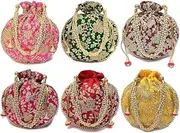 [IGH] Pack of 15 Indian Ethnic Potli Bag Ladies Handbag for Bridal Batwa Pearls Handle Purse Clutch Purse for Women, Multicolor