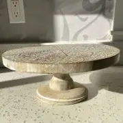 Light Wood Brushed White Cake Stand Pedestal Boho Old World Flower Medallion