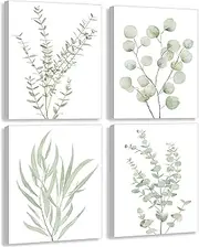 [Erctoo] Botanical Plant Canvas Wall Art, Framed Boho Wall Decor for Bathroom, Minimalist Aesthetic Bedroom Wall Art, Sage Green Eucalyptus Leaf Prints for Office, Set of 4PCS, 8”X10”