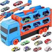 Transport Truck Toy Cars for Boys Aged 3 4 5 6 7 Years, 170 cm Car Transporter Toy, Portable Truck Toy with 6 Racing Cars, 6 Pull Back Cars, Transporter Vehicle Set Children