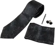 [Zasel] Mens Black Boho Paisley Matching Neck Tie, Pocket Square, Cuff Links And Tie Clip Set