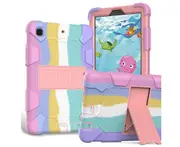 For Apple iPad 6th Gen Heavy Duty Kickstand Survivor Case Pencil Holder Cover - Rainbow+Pink