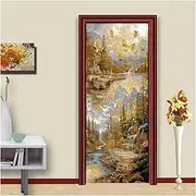 Door Stickers Ink Painting Door Stickers Mountains and Rivers Mural Sticker Removable Red Sun Landscape Decal Wallpaper(C,90x200cm)