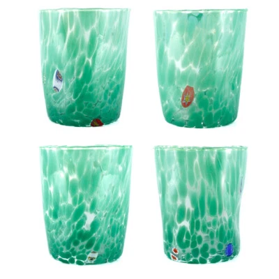 Set of Four 4 Murano Drinking Art Glasses Tumbler Green Handmade Millefiori