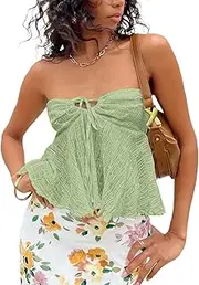 [Faretumiya] Y2k Floral Print Peplum Tube Top Women Bandeau Crop Top Ruffle Hem Flowy Strapless Tie Front Cami Tank Summer Top
