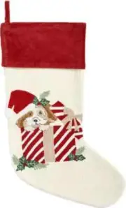Pottery Barn Holiday Icon Crewel PUPPY IN PRESENT Christmas Stocking NEW
