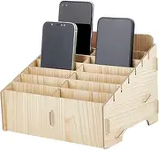 BENECREAT 14 Compartment Wooden Mobile Phone Organiser, Multifunctional Mobile Phone Organiser, Desktop Organiser for Classroom Office Desktop Storage, Wheat Colour,8.6x6.9x5.9inch
