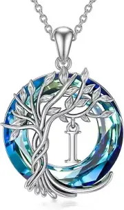 Tree of Life Initial Necklace A-Z in 925 Sterling Silver with Blue Crystal Charm