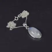 925 Solid Sterling Silver White Rainbow Moonstone Chain Pendant-19.2 Inch L459