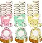 TWOWYHI 120 Set Tea Party Decorations Disposable 9 Oz Floral Paper Tea Cups with Handle and Saucers Floral Paper Tea Cups for Tea Party Tableware Birthday Wedding