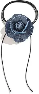 [Rannyrena] French Denim Flower Choker Necklace Black Leather Rope Long Wrap Tie Necklace Layered Bow-knot Collar Necklace Elegant Party Accessories for Women, Leather Metal, No Gemstone