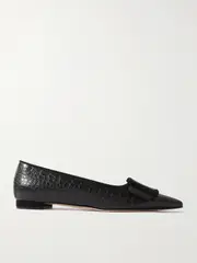 [Manolo Blahnik] Manolo Blahnik - Maysale 10 Buckled Suede-trimmed Croc-effect Leather Point-toe Flats - Black - IT35 IT 35 Black