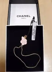 AUTH Chanel Camellia Charm Key Chains, strap Key Rings GOLD Pink w/box