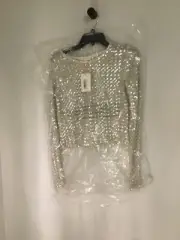 NWT, Gianni Bini Semi Sheer Sparkling Silver Criss Cross Crop Top, S, Tag=$59.00