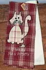 Christmas Dish / Hand Towel Set Cat "I Brought You A Present" Burgundy Tan Plaid