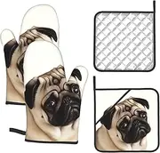 4 pcs Oven Mitts and Pot Holders Set 500°F Heat Resistant Oven Gloves and Hot Pads Kitchen Mittens Pug Dog Cooking Gloves Potholders for Baking Grilling