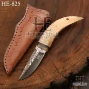HUNTEX Handmade Damascus Blade, Ram Horn Handle, 170 mm Fixed Blade Pocket Knife