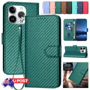 For iPhone 16 15 14 13 12 11 Pro Max 8 7 XR Fibre Leather Flip Case Wallet Cover