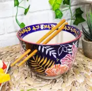 Ebros Pack Of 2 Leaves & Flowers Ramen Noodles Soup Bowl W/ Bamboo Chopsticks