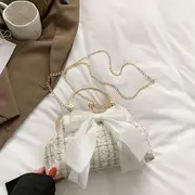Tweed Bow Kiss Lock Top Handle Sling Bag White - One Size