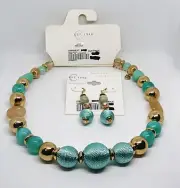 C EST 1946 Semiprecious Necklace Earrings Turquoise Color Gold Tone Pink Qtz VTG