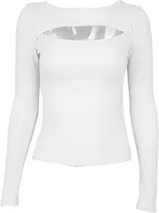 [Zylphorix] Women Hollow Out Stretch T Shirt Long Sleeved Ribbed Slim Tee Top Casual Low Cutout Retro Blouse