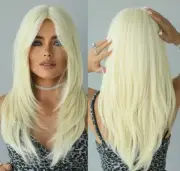 Long Platinum Blonde White Wig with Bangs Ombre to Blonde Hair Champaign White