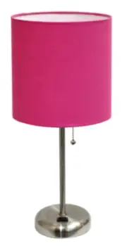LimeLights Stick Lamp with Charging Outlet and Fabric Shade Brushed Steel/Pink