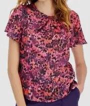 Tahari ASL Women's Pink Printed Flutter Sleeve Keyhole Top Size S