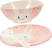 CONGARTENO Toddler Dinnerware Set Bunny Pattern Plates Bowls Set Ceramic Dishware Kit for Boys and Girls