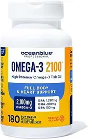 Oceanblue Omega-3 2100 – 180 ct – Triple Strength Burpless Omega-3 Fish Oil Supplement with High-Concentration EPA and DHA – Wild-Caught – Orange Flavor (90 Servings)