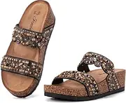 [JOMIX] Women's Mules - Glitter Sandals, Summer Cork Beach Sandals, Thick Slides Sandals with Rhinestone Beads, Comfortable Summer Sandals, Beach Shoes