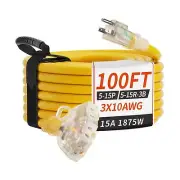 100 FT 10/3 Gauge Outdoor Extension Cord with Multiple Outlets Light Indicato...