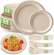 Gezond 250Pcs Disposable Paper Plates Set, Compostable Plate Sugarcane Utensils Eco Friendly Dinnerware Kit Includes 50 Biodegradable Plates, Forks, Knives and Spoons for Party Camping