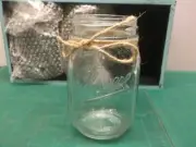 3 decorative mason jars in light blue wooden case