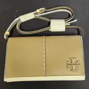 Tory Burch McGraw Leather Wallet Crossbody, Pebblestone / New Cream