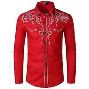 Men Western Cowboy Shirt Lapel Collar Single-breasted Long Sleeve Embroidery Slim Fit Casual Shirt Top red M