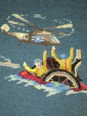 Military Helicopter Rescue Completed Needlepoint Wool Navy Seal Frame Pillow Vtg