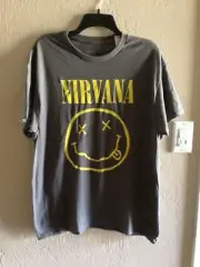 Nirvana Gray Logo Smiley Graphic Tee Shirt NWOT unisex Size L Retro Aged Look