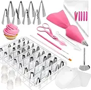 GHKLNY Cake Decorating Kit - 44 Stainless Steel Piping Tips (Round Opening) - 83 Pc Set with 20 Disposable Bags, 4 Silicone Bags, Couplers, Scrapers & More - Pink