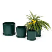 4pc Cylindrical Pot Planter w/ Saucer Plant Container Set Garden Decor Green
