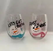 Set of 2 Hand Painted Snowman Wine Glasses
