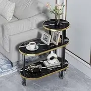 Hbluefat Modern End Table with Wheels, Rolling Sofa Side Table, 3-Tier Nightstand with Storage Shelves, Wood Bedside Table for Small Space, Living Room, Bedroom (Black Marble+Golden Edge)