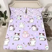 Feelyou Cat Fitted Sheet for Kids Boys Girls Cats Print Bedding Set Twin Size Cartoon Bed Sheet Set Bedroom Decor Cute Kitten Bed Cover Deep Pocket Animal Bed Set 2Pcs, Purple
