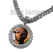 Hip Hop Silver PT Picture Frame Pendant & 18" 20" 24" Iced Cuban Chain Necklace