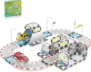 [PicassoTiles] Magnet Tile Race Car Track Construction Toy Block with 2 Trucks Accessory Street Sign Add-on Kit Magnetic Building Tiles Stadium Seating Playset STEAM Learning Fine Motor Kid Age 3+ PTQ05