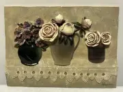 Vintage Cheri Blum Art 3D Rose Floral Vase Tile Wall Plaque Set of Two