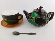 Handmade Tea Set For One - Leaf Applied Clay Teapot Teacup in Gift Box Folk Art