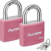 Puroma 2 Pack Keyed Padlock with 3 Keys Alike, 1.1 Inch Locker Lock 40mm Heavy-Duty Locks for Gate Fence Hasp Cabinet Toolbox School Gym Locker (Pink)