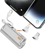 SHARGE Flow Mini Portable Charger, 5000mAh Mini Power Bank with Dual Plugs and Built in Cable, USB-C Lightning External Battery for iPhone 16/15/14, Galaxy S23, Note20, LG, Huawei